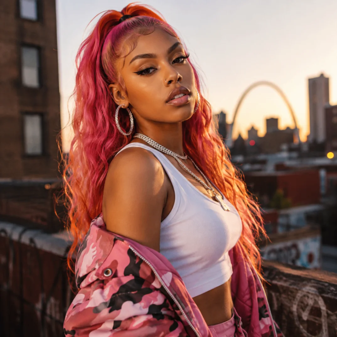 Lou Vee with long pink hair on a rooftop at sunset