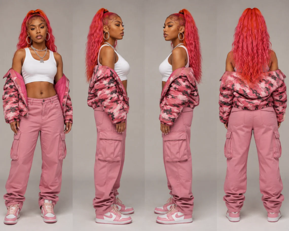 Lou Vee shown from front, side, and back in a pink outfit in a studio portrait