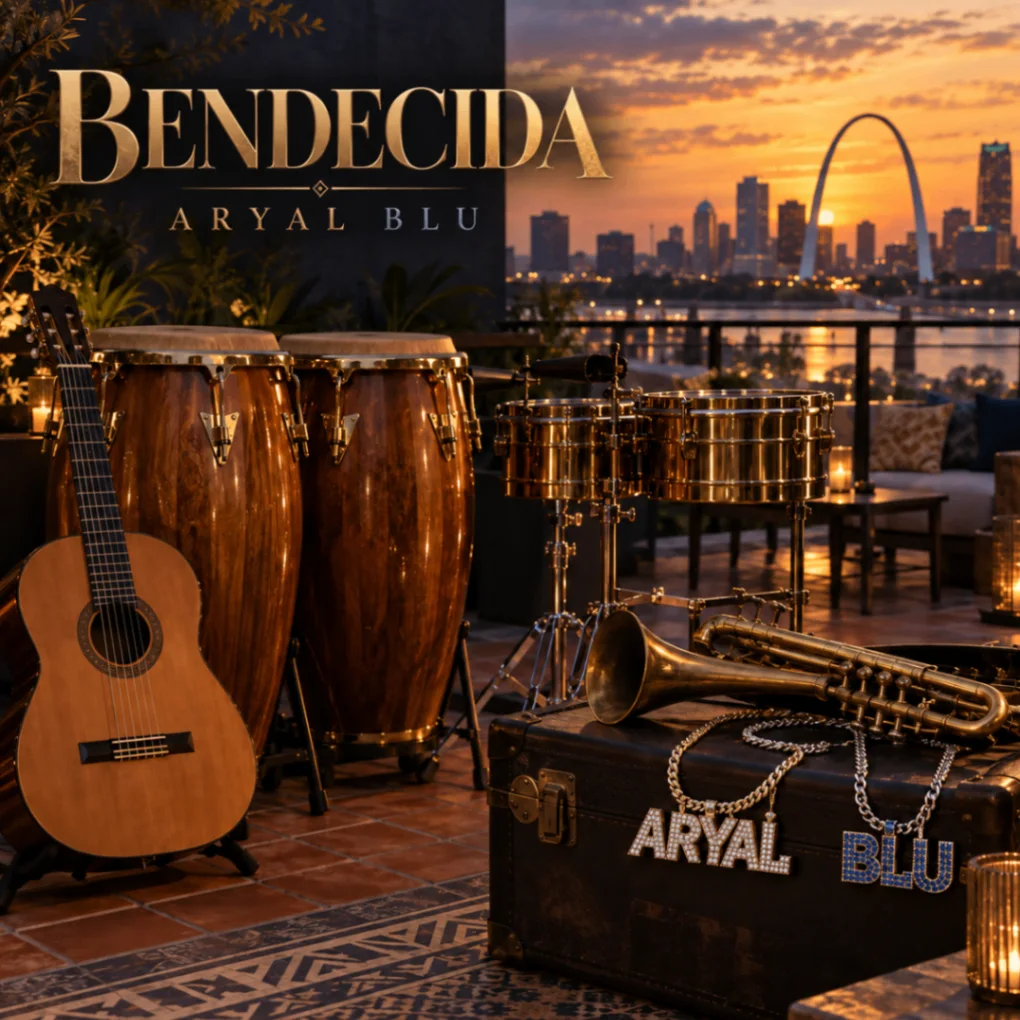 Square cover artwork for Bendecida by ARYAL BLU, showing a sunset over the St. Louis skyline and Gateway Arch behind congas, a guitar, drums, and a saxophone