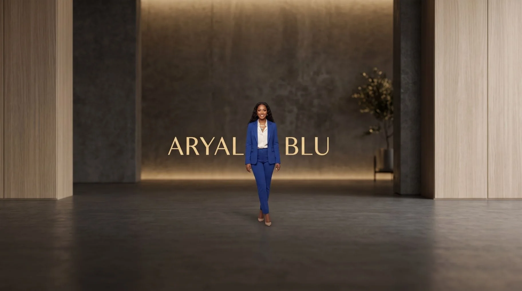 ARYAL BLU standing in a blue suit in a warmly lit studio with ARYAL BLU title text behind her