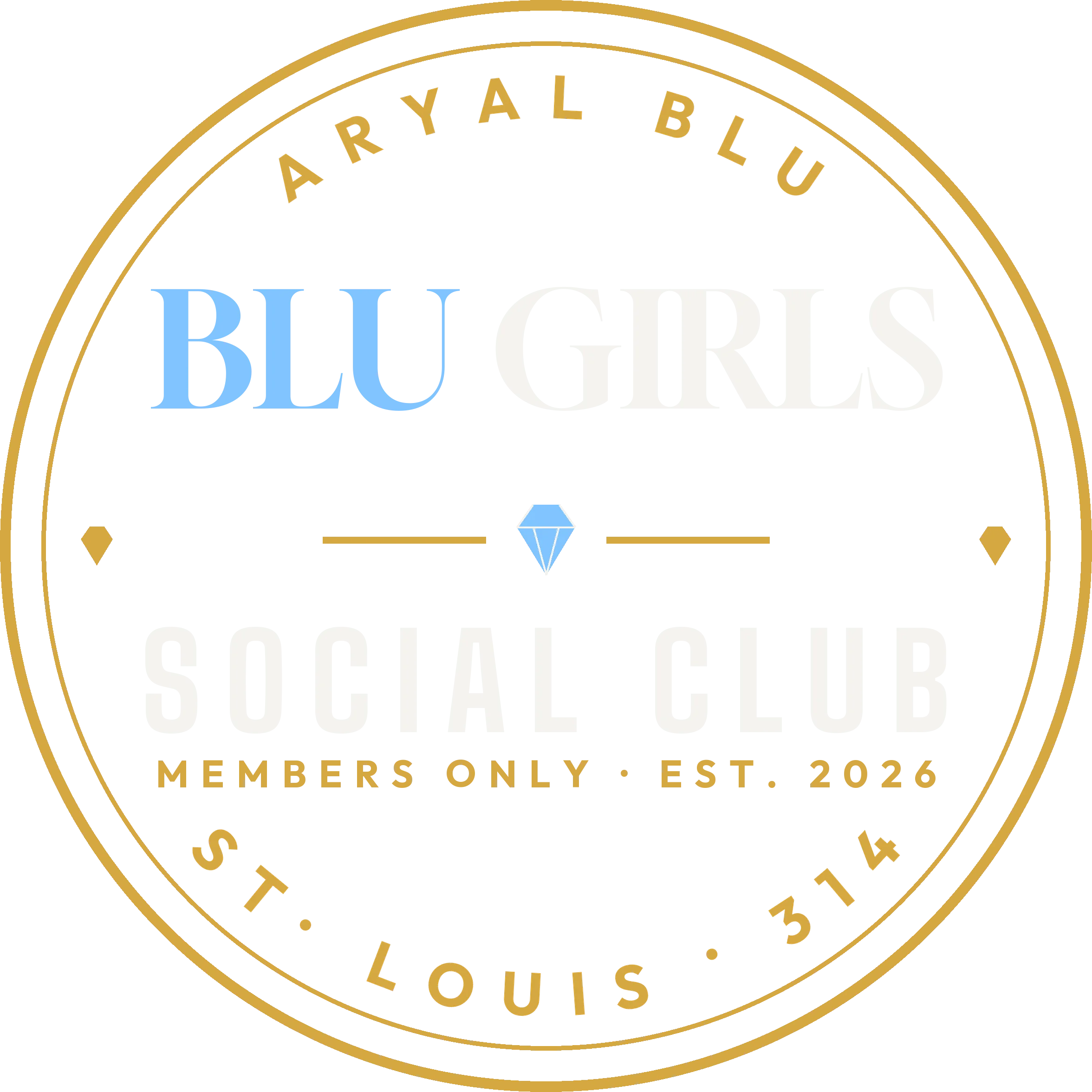 BLU Girls symbol artwork with ARYAL BLU lettering, gold circular framing, blue and white title lettering, and a small central diamond mark