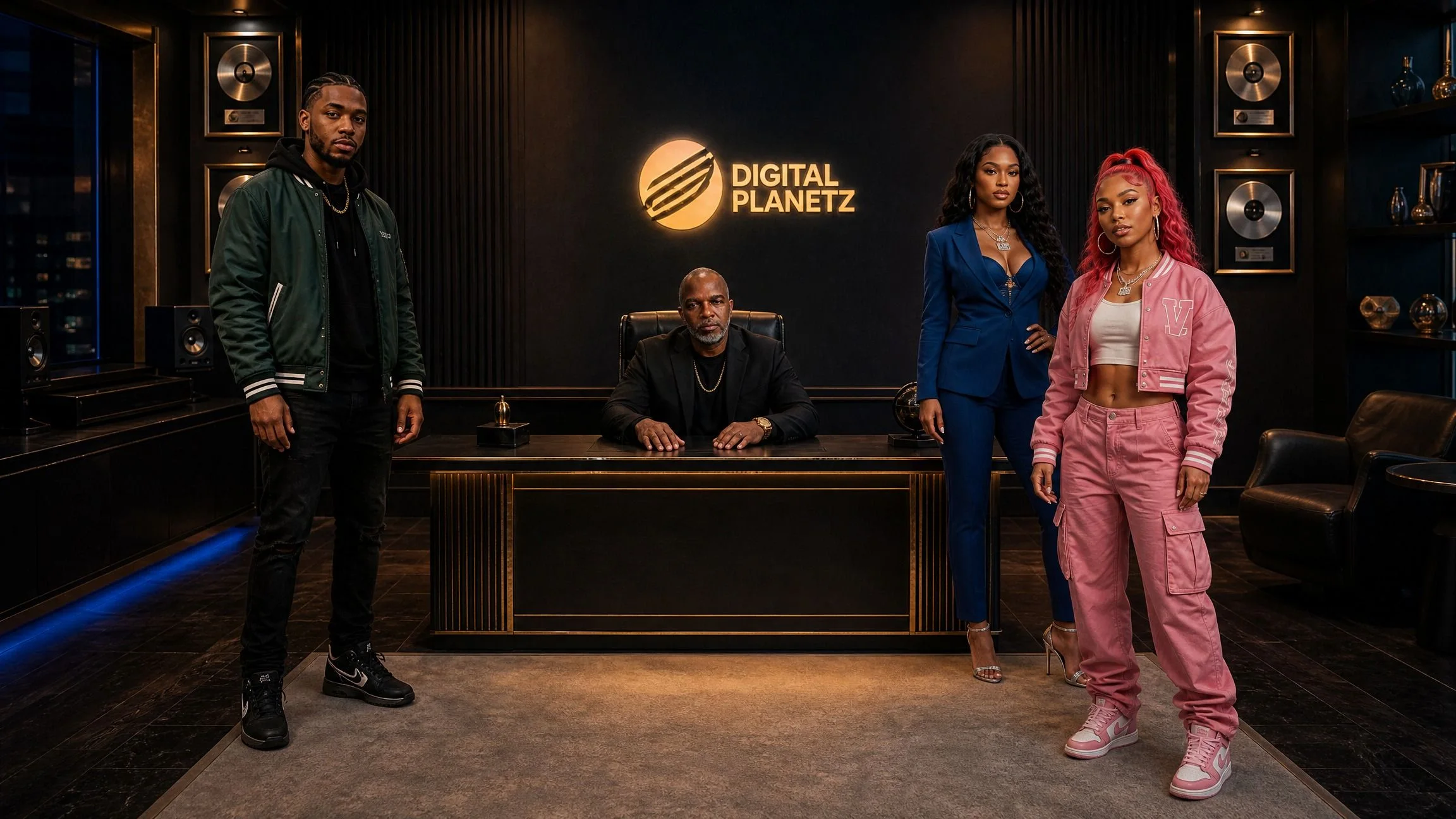 Digital Planetz ensemble portrait in a recording studio with the brand mark illuminated behind them