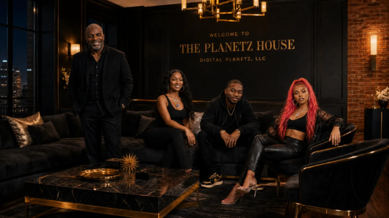 Digital Planetz creative group gathered in a lounge at The Planetz House