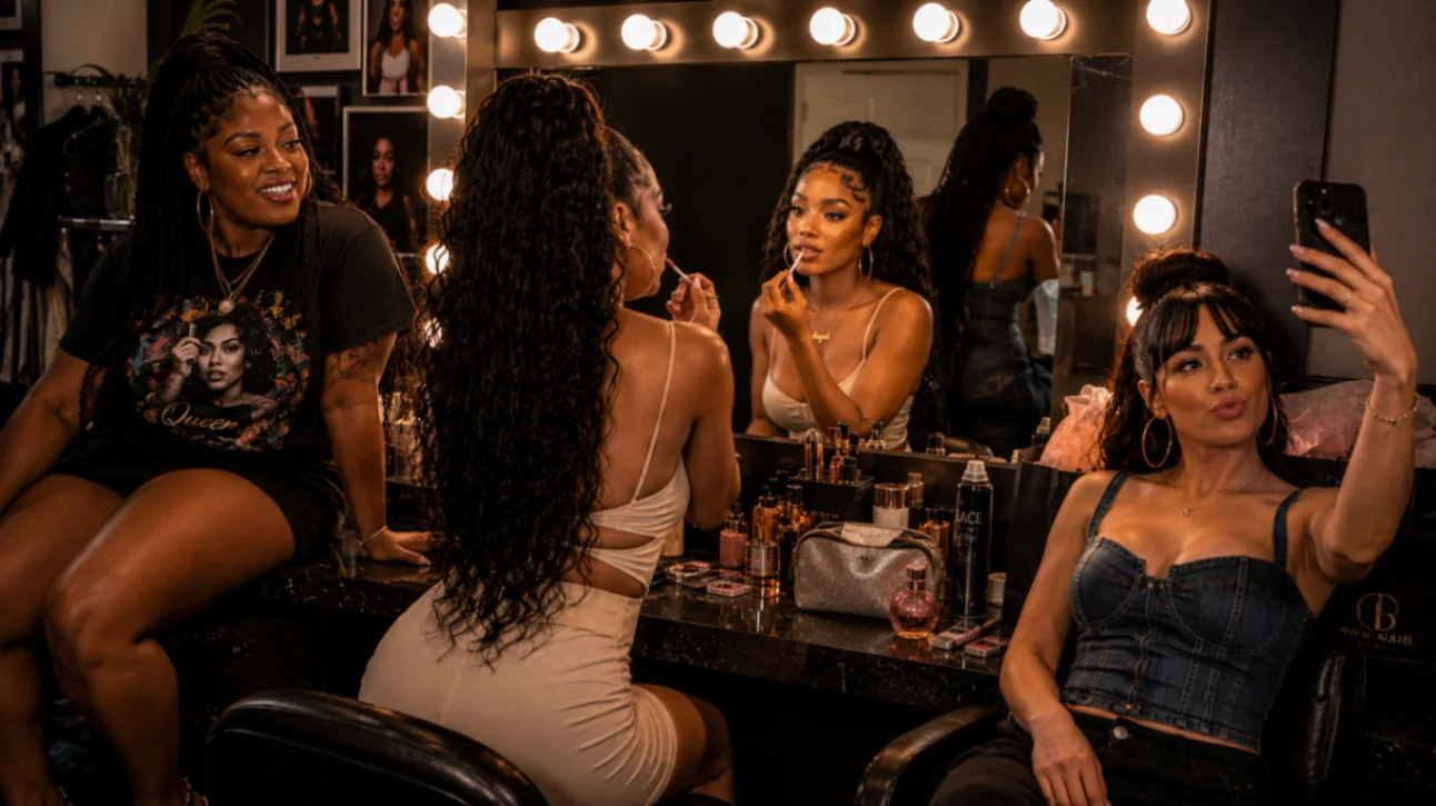 Creative team members getting ready together at a lit dressing-room mirror