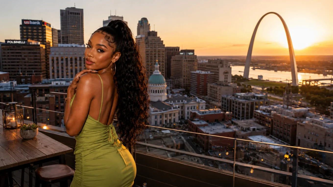 ARYAL BLU looking over her shoulder on a rooftop with a city skyline and sunset behind her