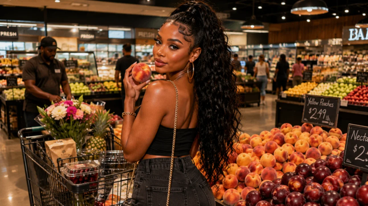 ARYAL BLU holding a peach in a colorful grocery market
