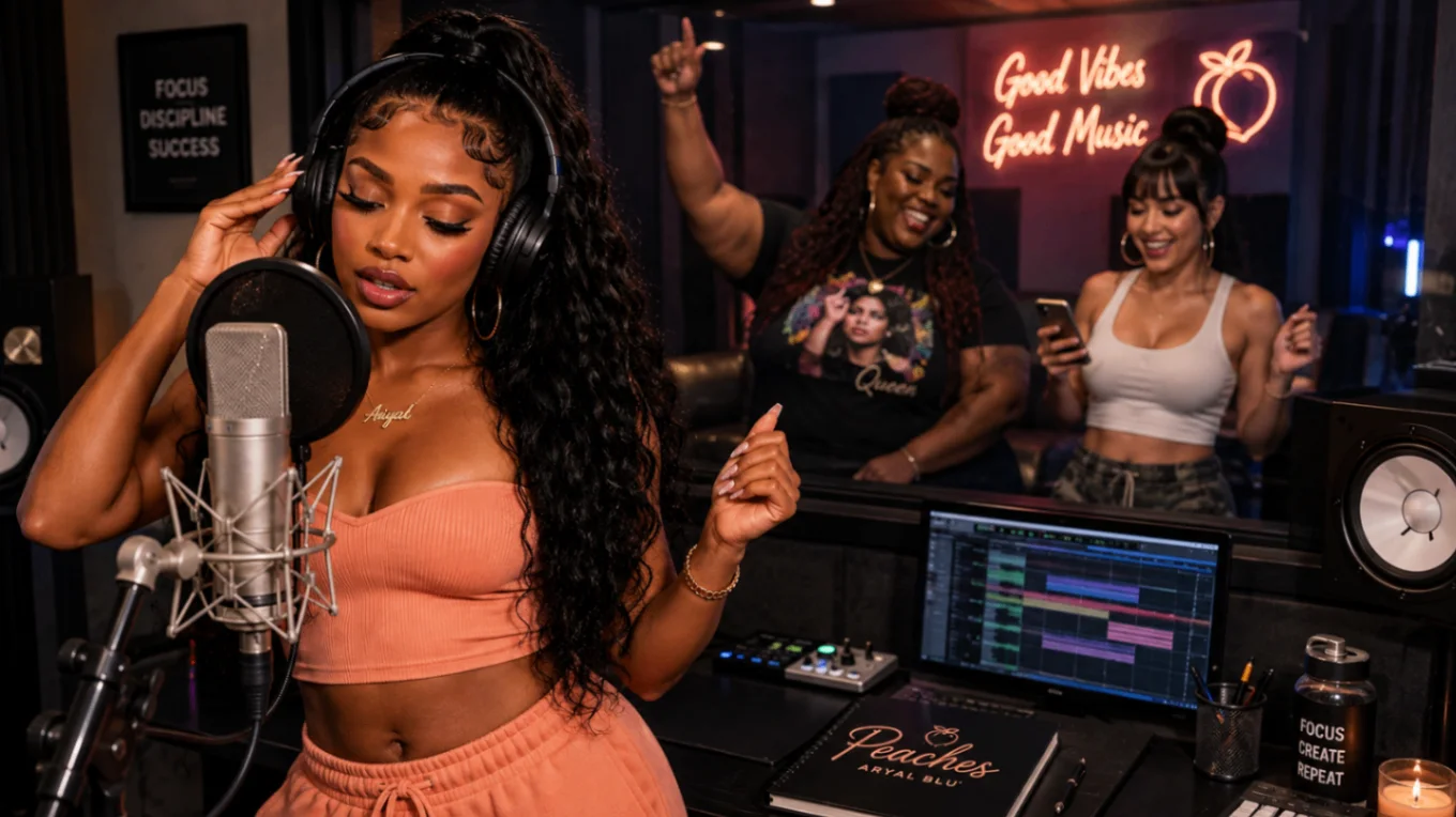 ARYAL BLU recording in a studio with collaborators behind her