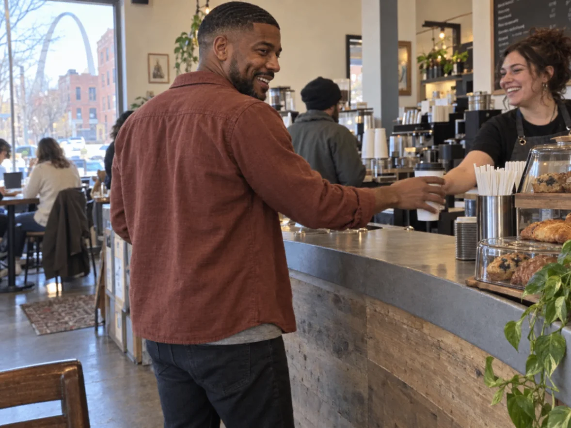K3 the Artist smiling at a cafe counter while sharing a moment with someone behind the counter