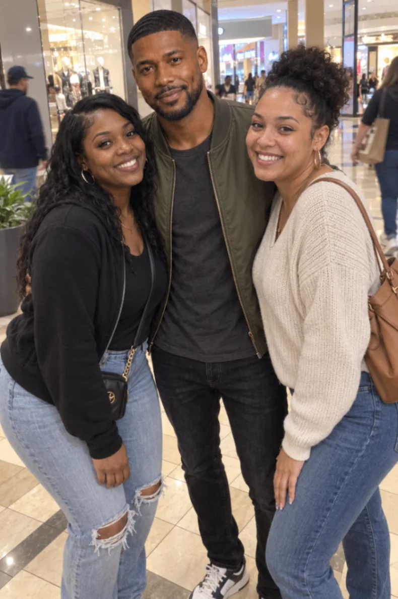 K3 the Artist smiling with two people inside a shopping mall