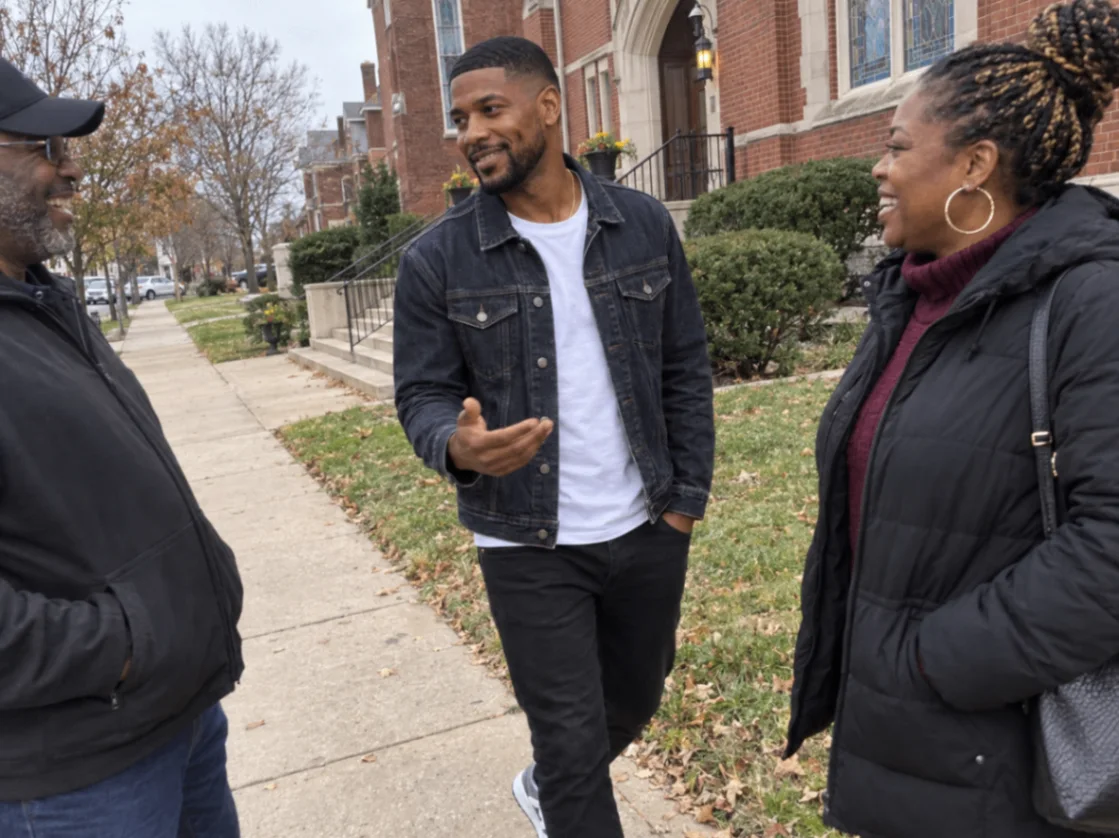 K3 the Artist talking with two people on a neighborhood sidewalk