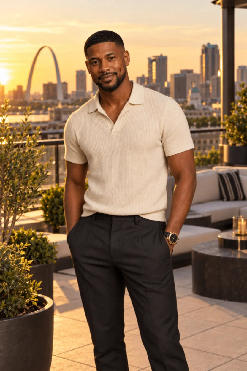 K3 the Artist standing on a rooftop with the St. Louis skyline behind him