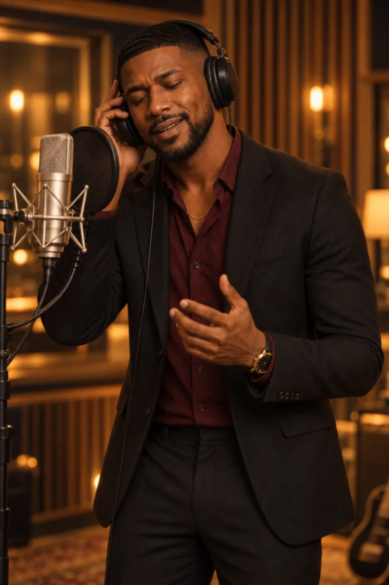 K3 the Artist singing into a microphone in a warmly lit recording studio