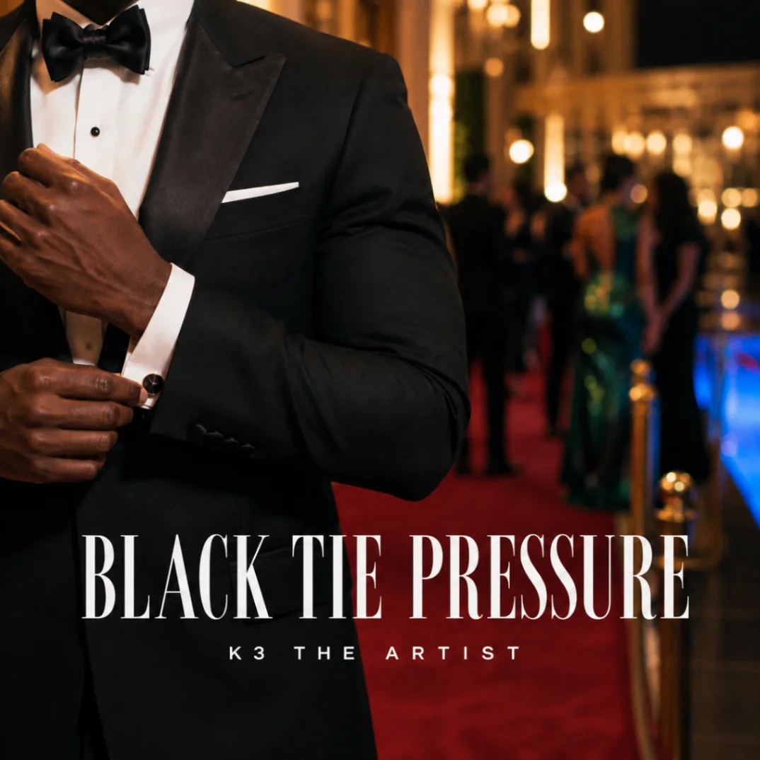 Official Black Tie Pressure cover artwork with K3 the Artist in formalwear against a warmly lit night scene