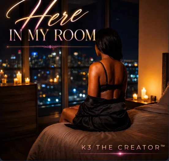Cover artwork for Here in My Room by K3 the Creator, showing a woman seated on a bed in a candlelit room