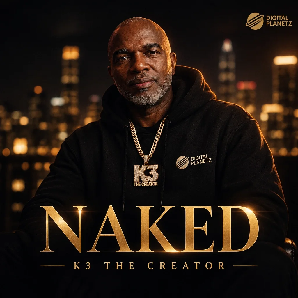 Naked cover artwork by K3 The Creator — gold Naked title over his portrait with a night city skyline behind him.