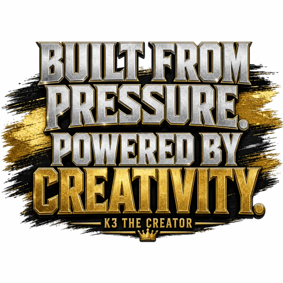 K3 the Creator silver and gold artwork reading Built from Pressure, Powered by Creativity