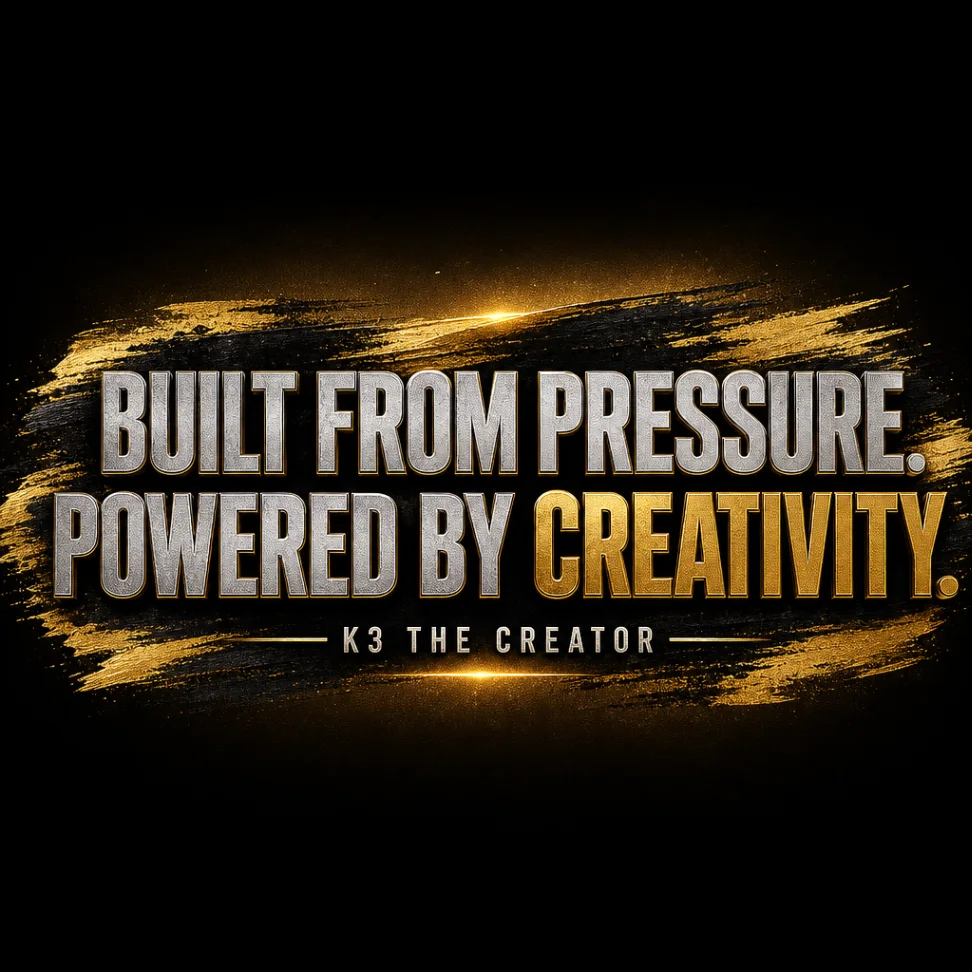 K3 the Creator black and gold statement artwork reading Built from Pressure, Powered by Creativity