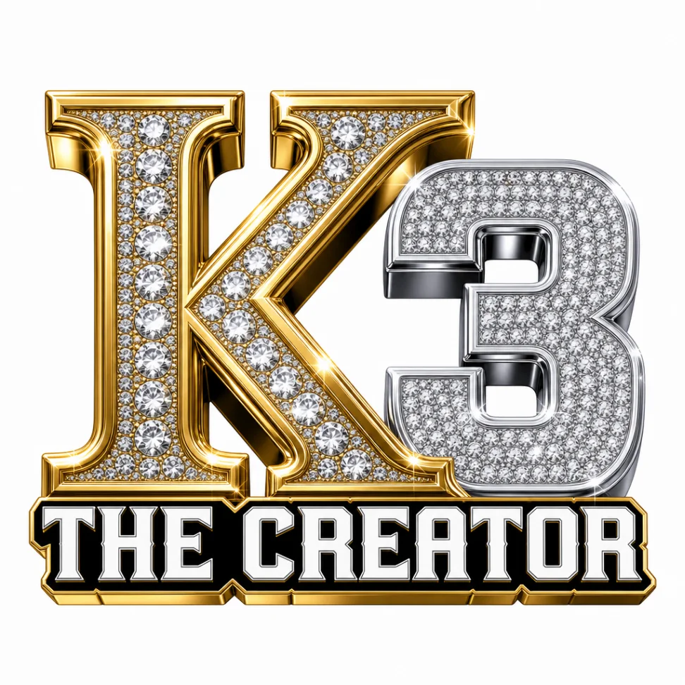 K3 The Creator gold and silver jeweled wordmark