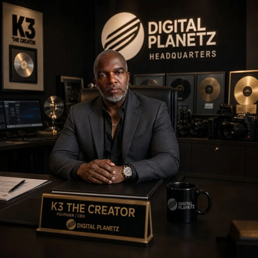 K3 the Creator seated at his Digital Planetz headquarters desk