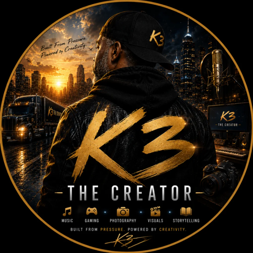 K3 the Creator artwork showing a musician facing a city skyline with the K3 mark and symbols for music, gaming, photography, visuals, and storytelling