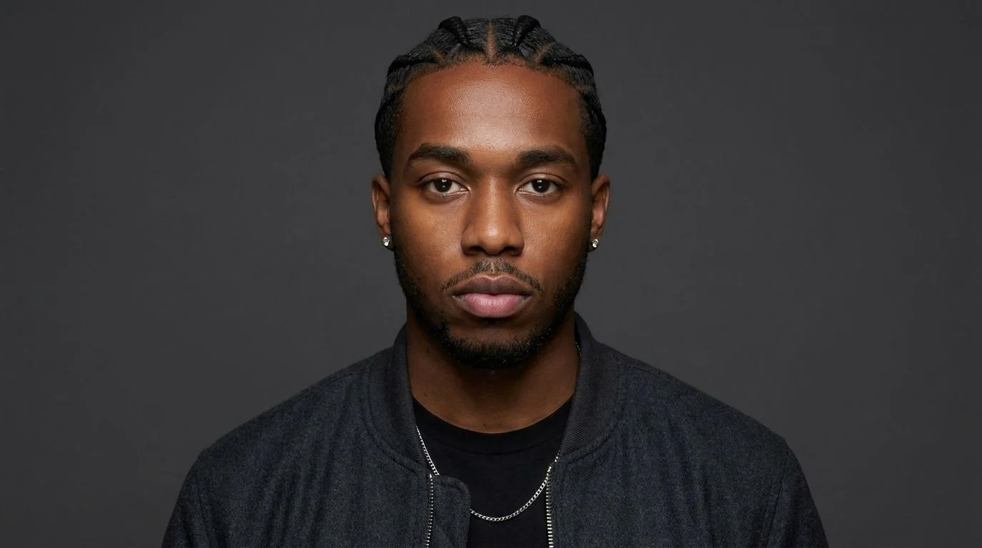 Close-up portrait of Kasso with braided hair, earrings, and a dark jacket against a charcoal background