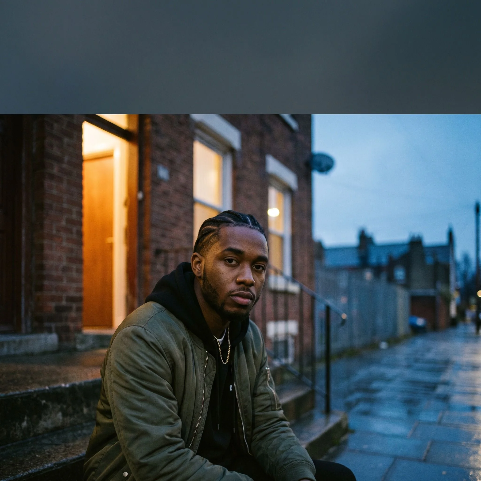 Kasso seated outside a brick building at blue hour