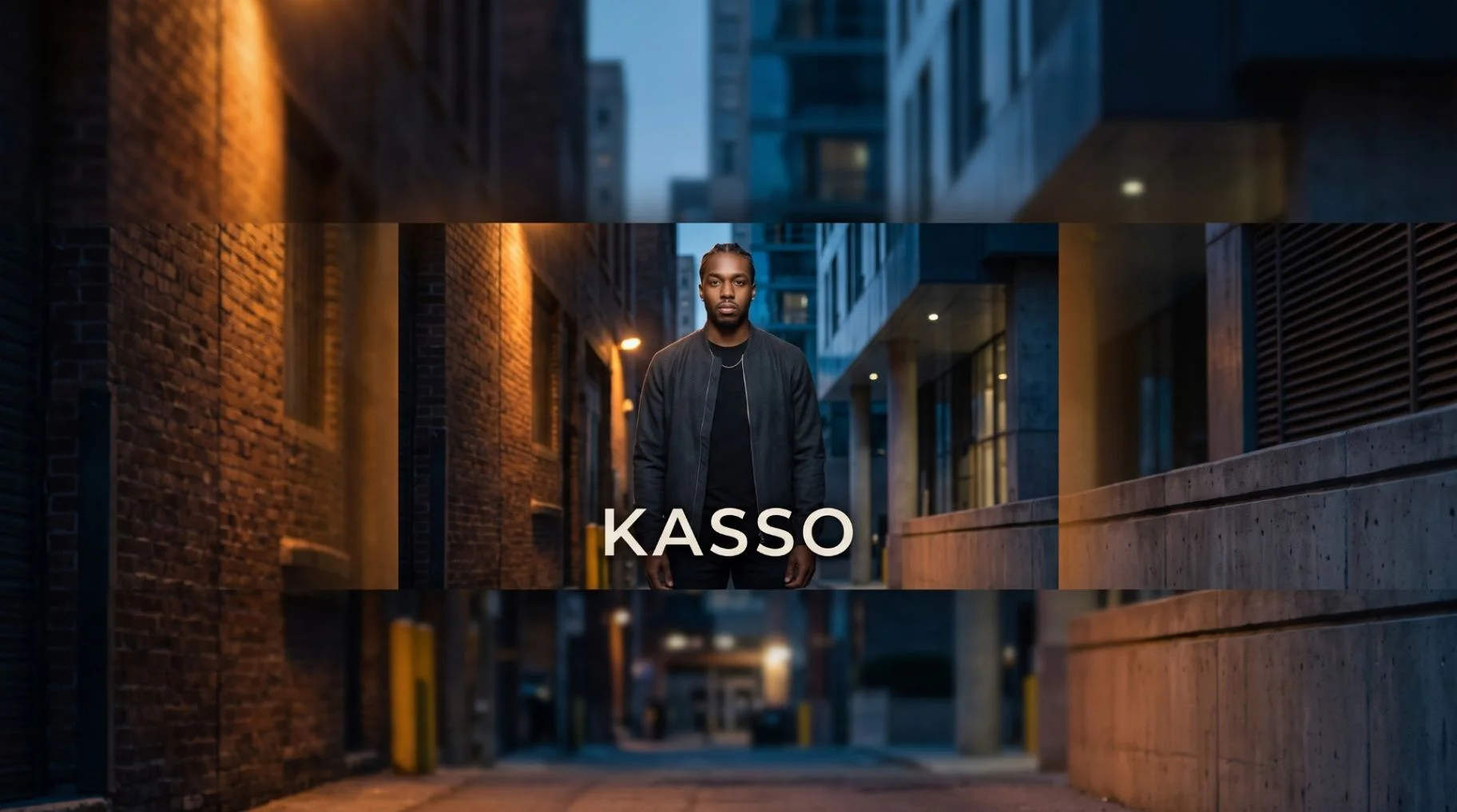 Kasso standing in a blue-hour urban alley with KASSO title text across the portrait