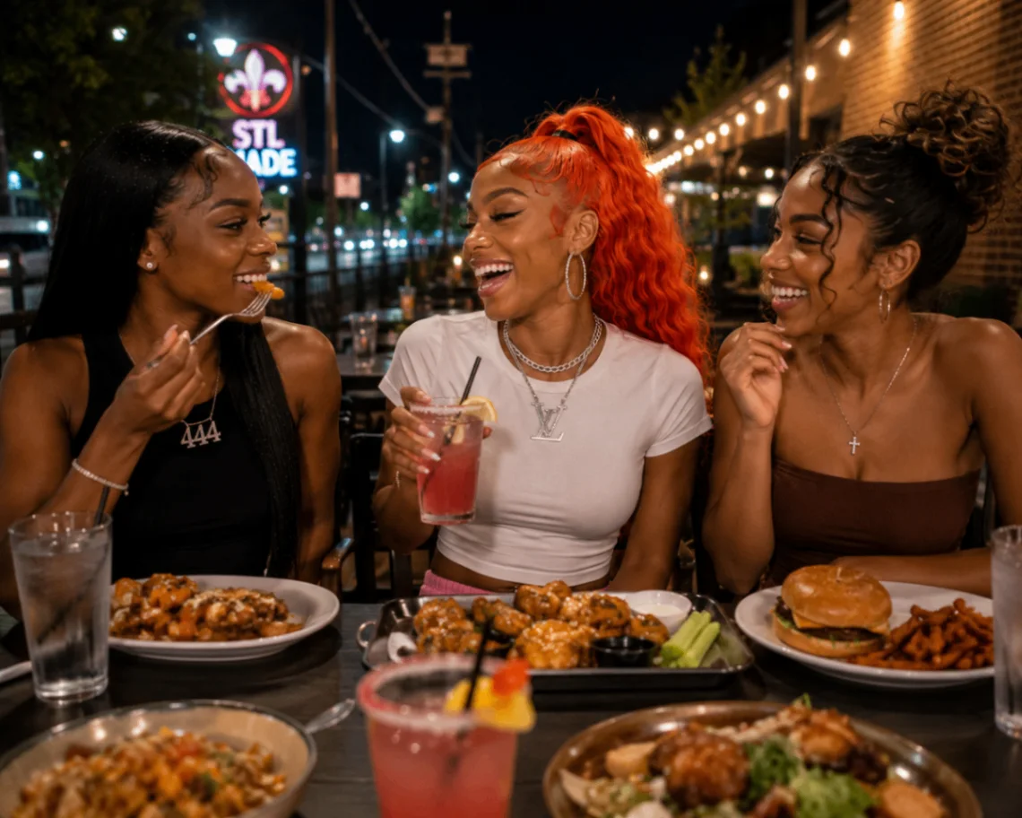 Lou Vee seated between two friends while sharing a meal at a restaurant at night