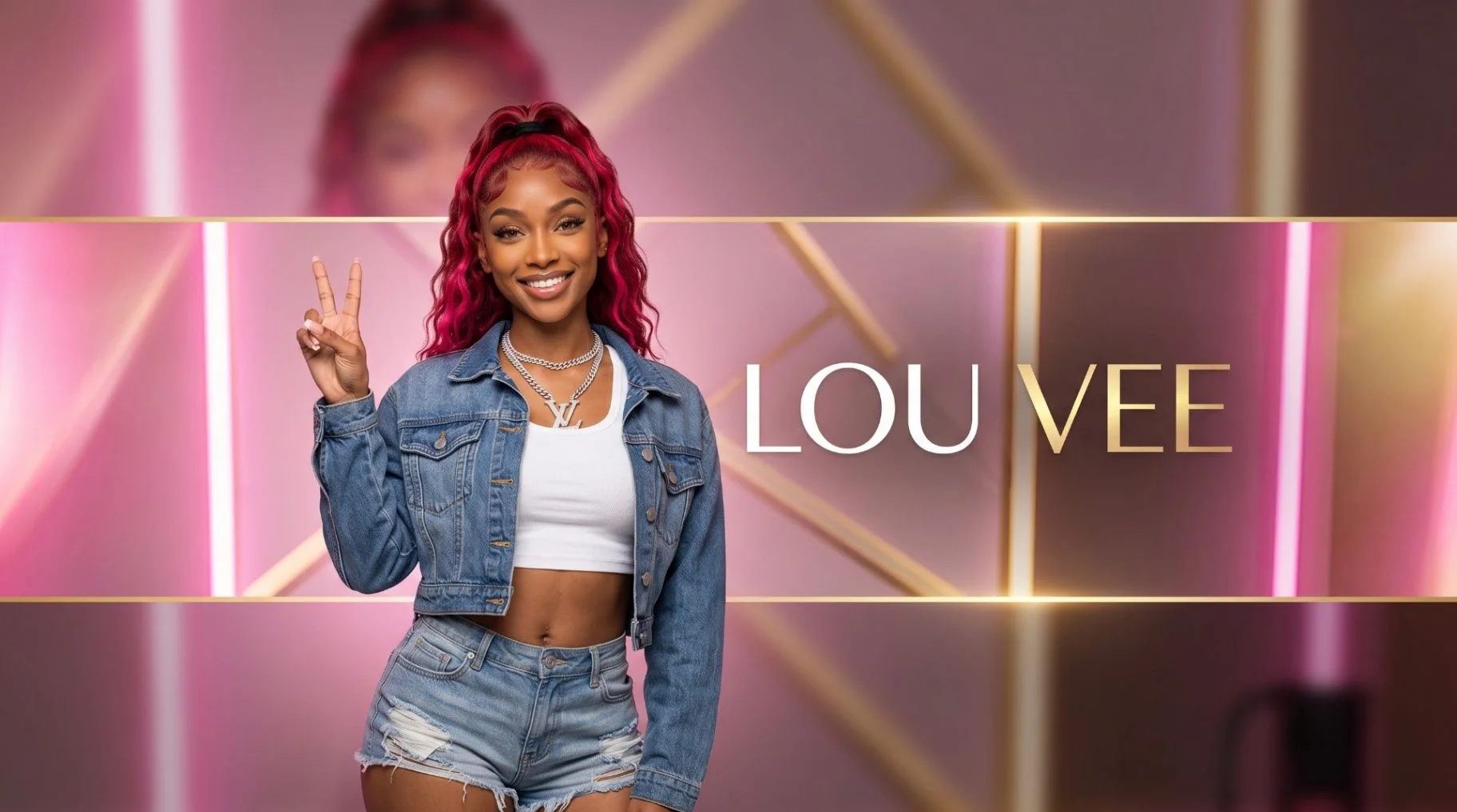 Lou Vee in a denim jacket and shorts against a pink geometric background with the words LOU VEE
