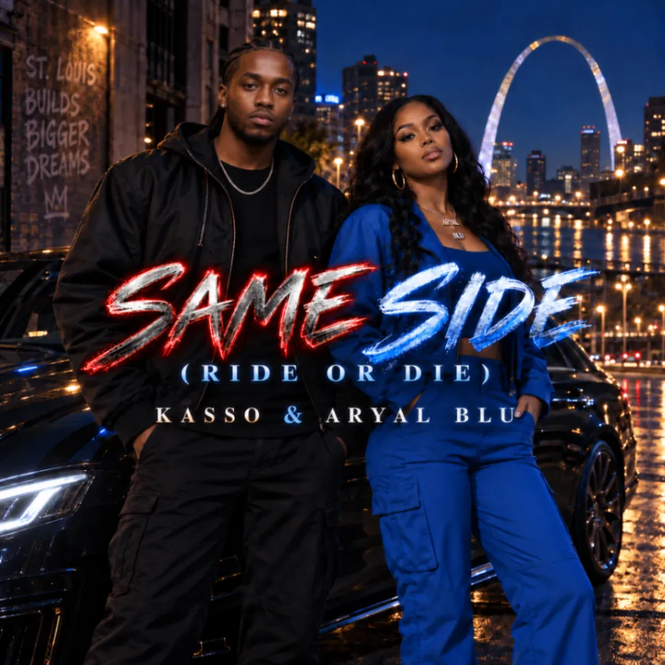 Same Side (Ride or Die) cover artwork by KASSO and ARYAL BLU — the two artists in front of a car at night with the St. Louis Gateway Arch and city skyline behind them.