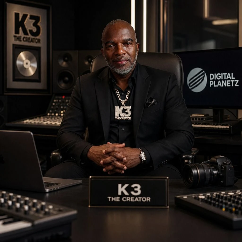 K3 the Creator in a studio portrait wearing a black suit